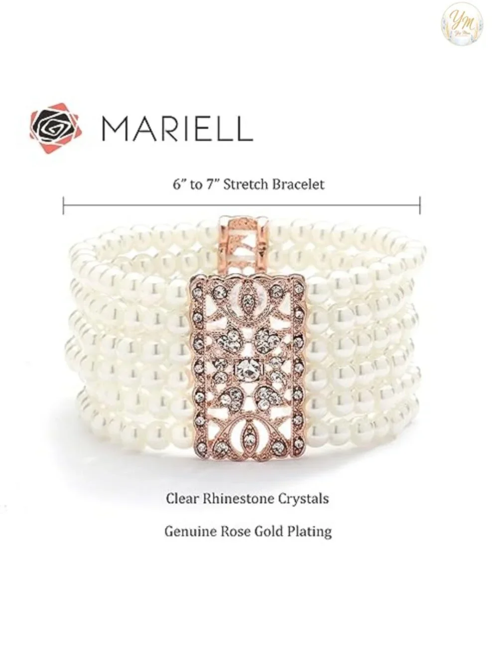 14K Rose Gold Plated Stretch Cuff Bracelet with Crystal Accents, Vintage Bridal